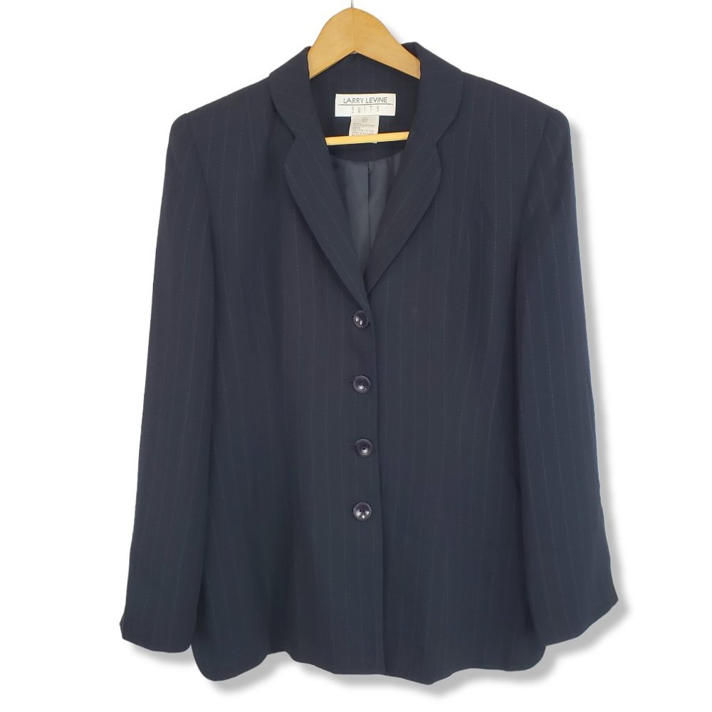 Larry Levine Suits Navy Blue Pinstripe 2-Piece Suit Set Skirt Blazer Size 10